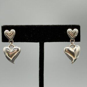 Silver Tone Double Puffy Heart Drop Dangle Pierced Post Earrings 1"